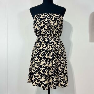 Rachel by Rachel Roy Strapless Bird Print Mini Dress Sz M Black and Tan